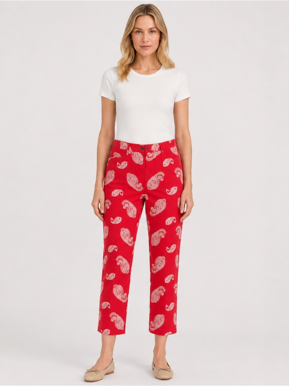 Lands' End Mid Rise Straight Leg Crop Ankle Chino Pants Red Paisley Print Size 8